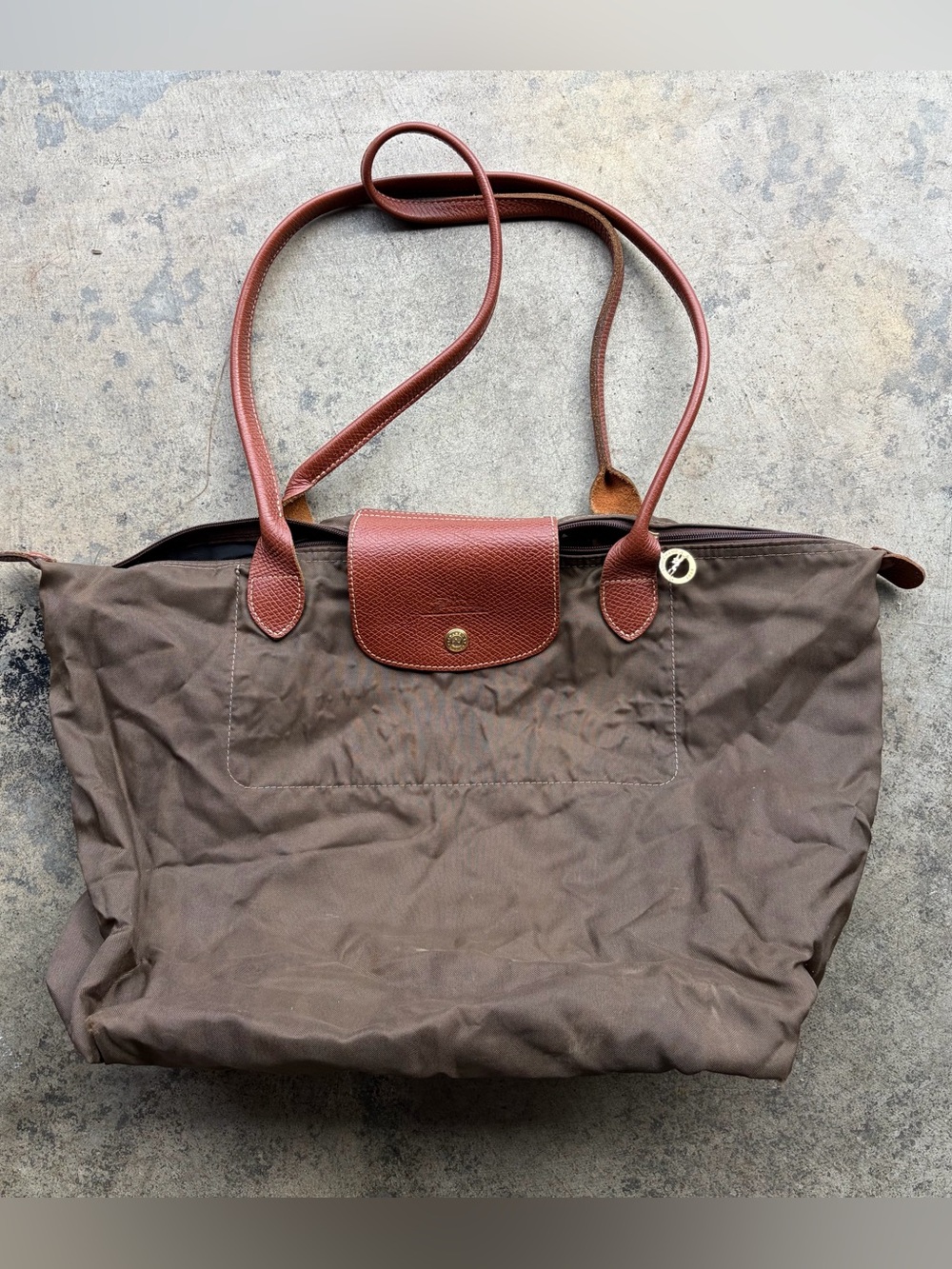 Longchamp Le Pliage Original M brown tote bag with leather straps